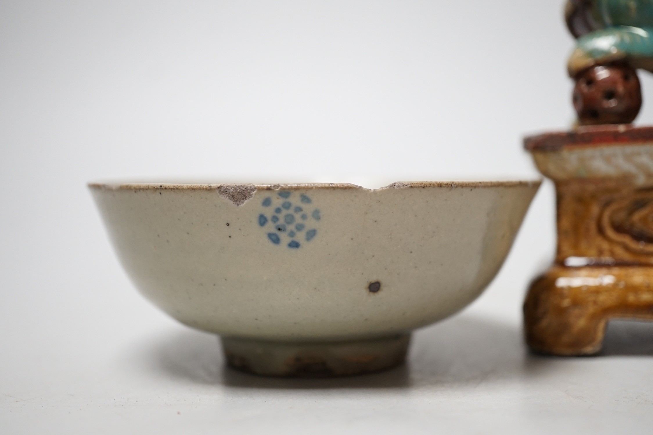 A 19th century Chinese Shiwan figure of a lion-dog and celadon glazed shallow bowl. Tallest 14cm